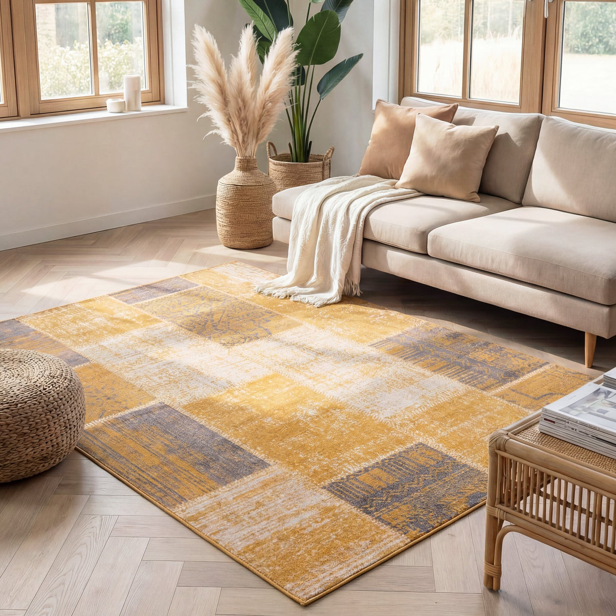 Patchwork Rug - Spring Ochre Yellow/Taupe