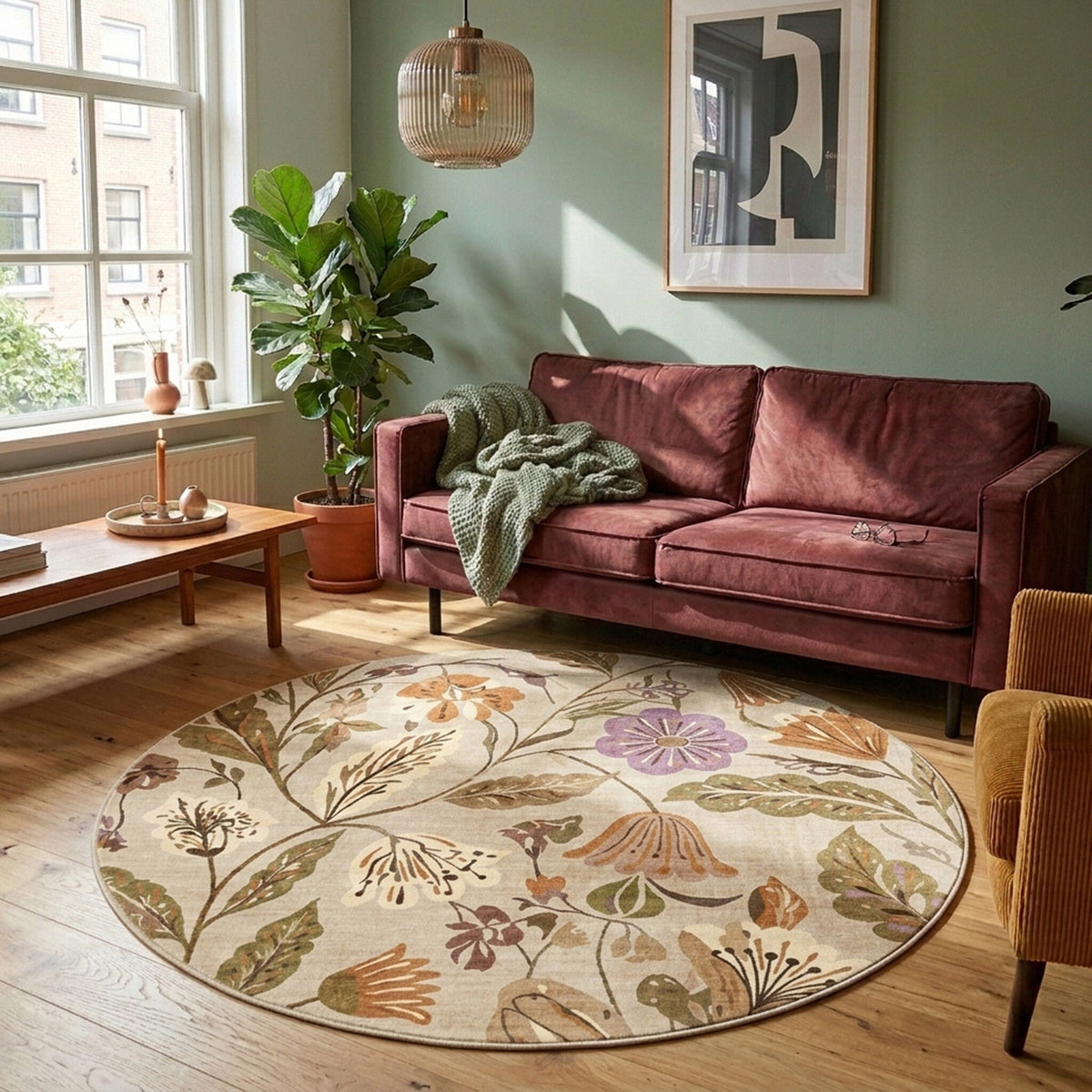 Round washable rug - Misty Flowers Cream