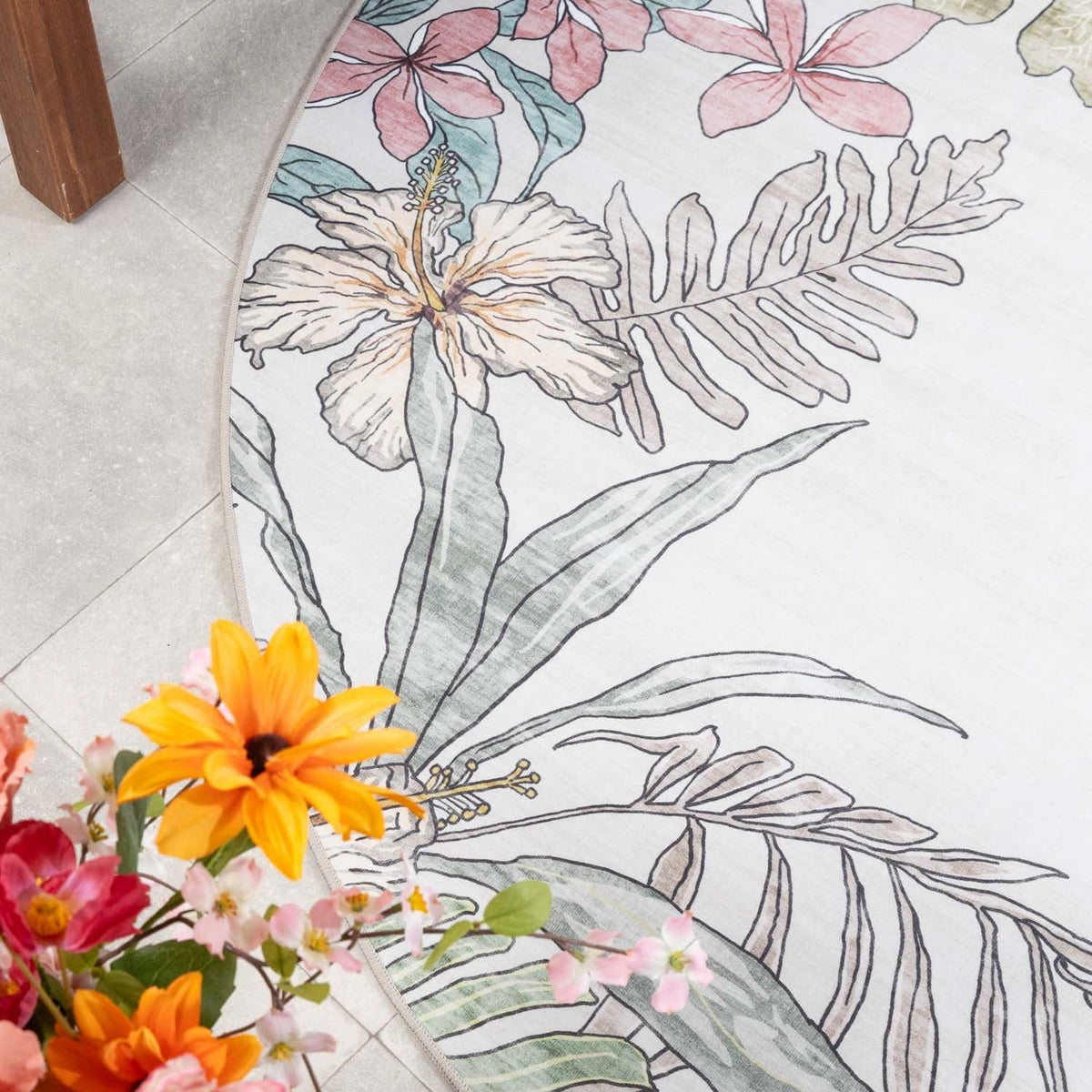 Round outdoor rug flowers - Poppy Cream