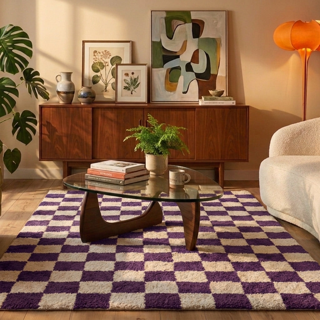 Retro Teppich - Gambit Violett Weiß