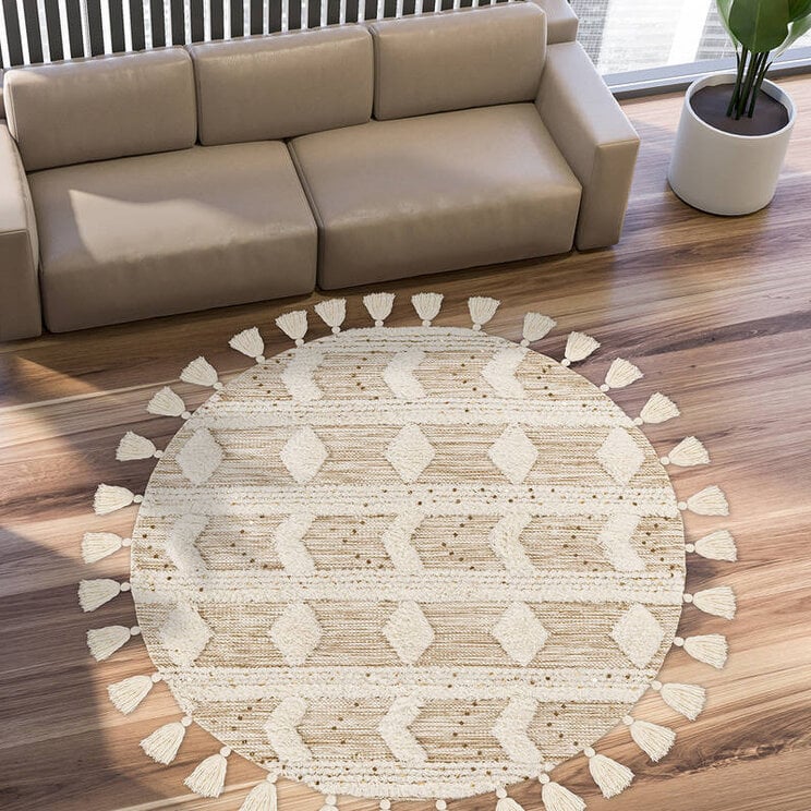 Boho Teppich Rund - Basai Fransen 425 Creme Grün